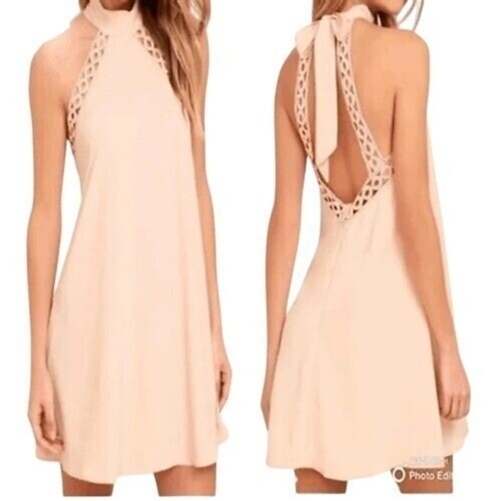 Lulus‎ Blush Pink Crochet Halter Dress Open Back XL NWT